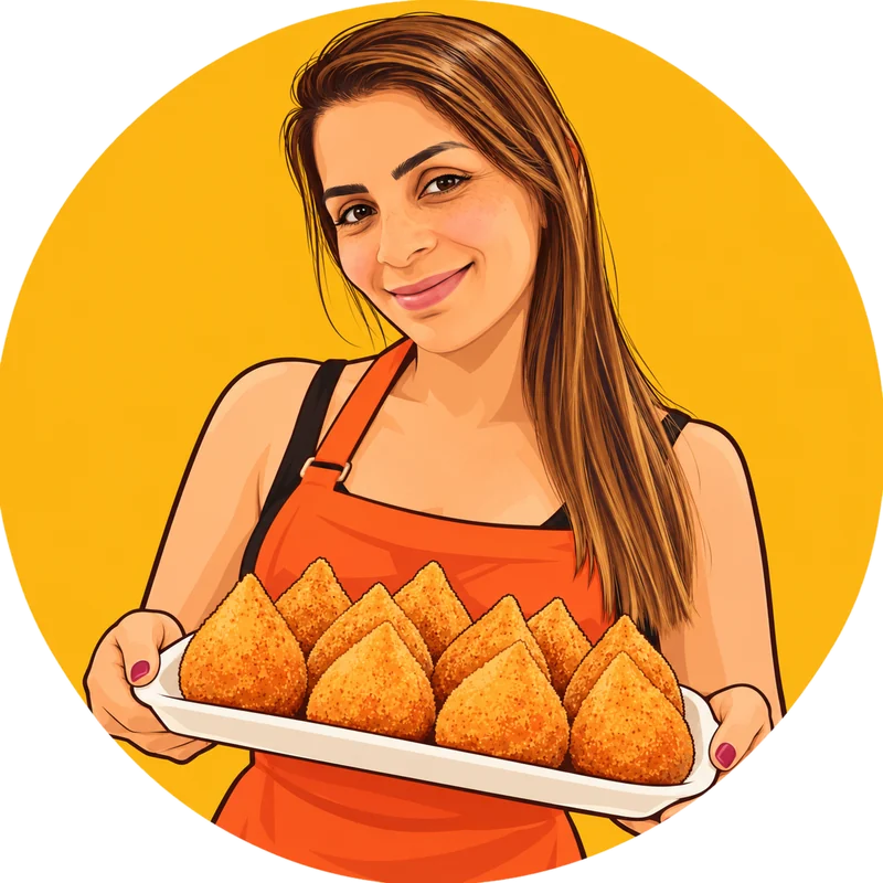 Ilustração da Cíntia, de avental, segurando uma bandeja de coxinhas